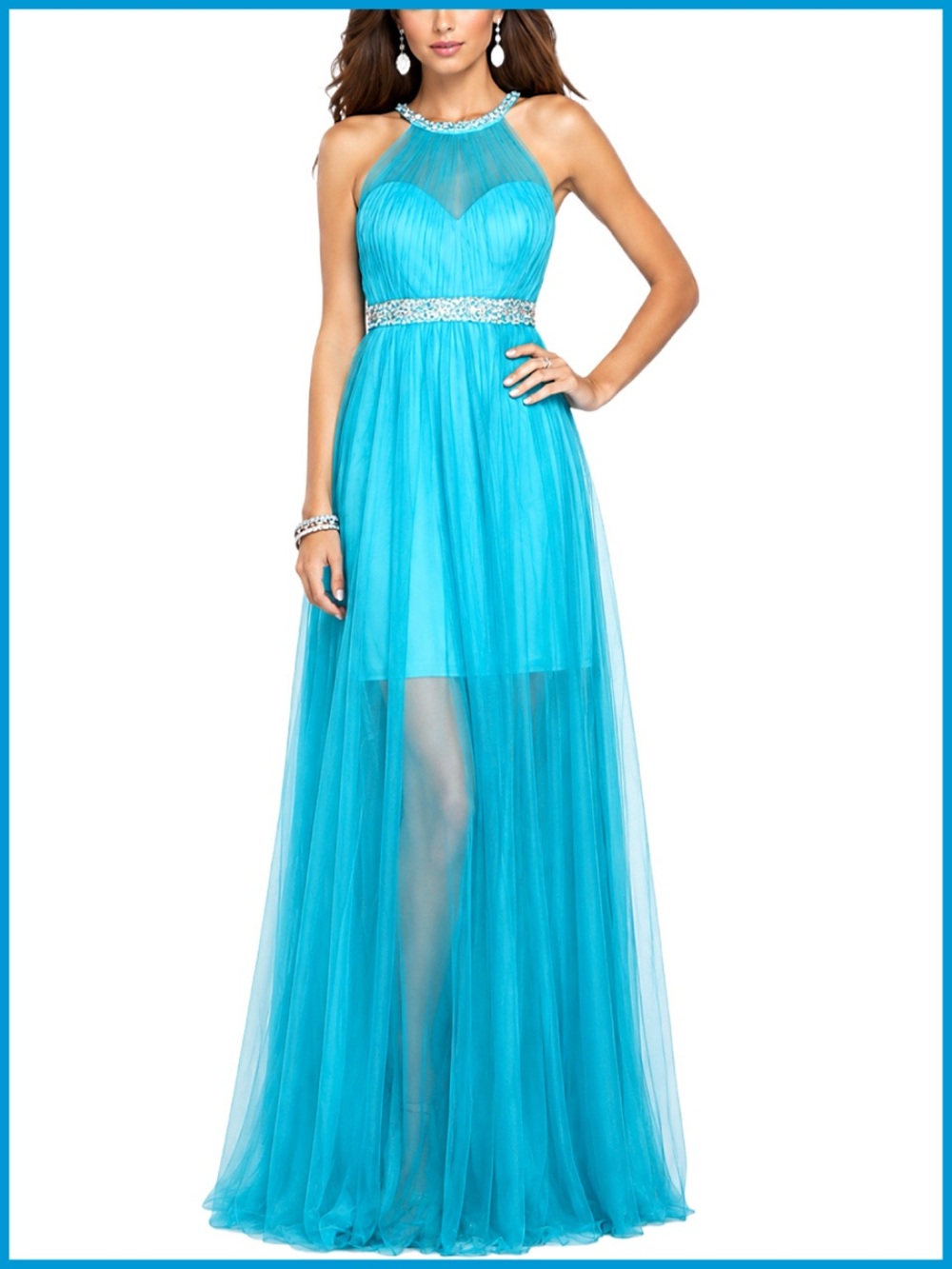 La Femme Blue Aquamarine Pearl Embellished Sleeveless Tulle Dress Gown